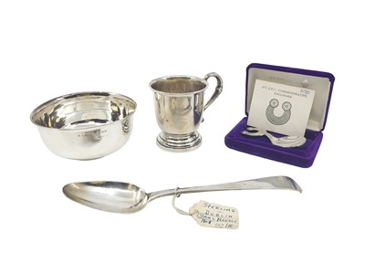 Lot 539 - A STERLING SILVER BOWL, a christening mug, a...