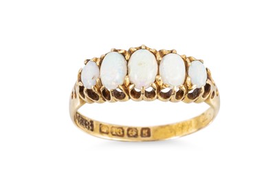 Lot 324 - AN ANTIQUE OPAL RING, the graduated oval opals,...