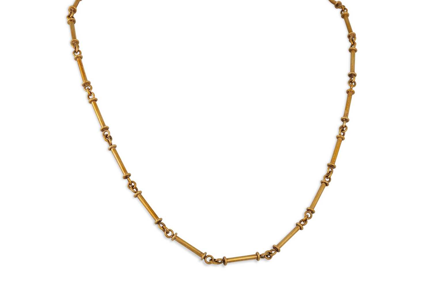 Lot 77 - A 9CT YELLOW GOLD FANCY LINK NECK CHAIN, 17 g.