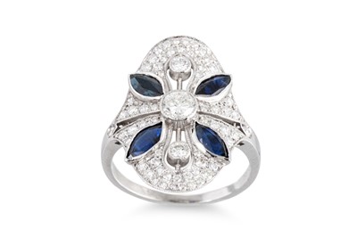Lot 101 - A DIAMOND AND SAPPHIRE PLAQUE STYLE RING, set...