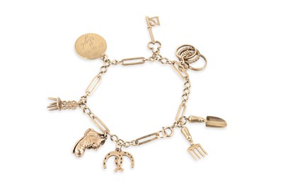 Lot 107 - A 9CT GOLD CHARM BRACELET, open fancy link...