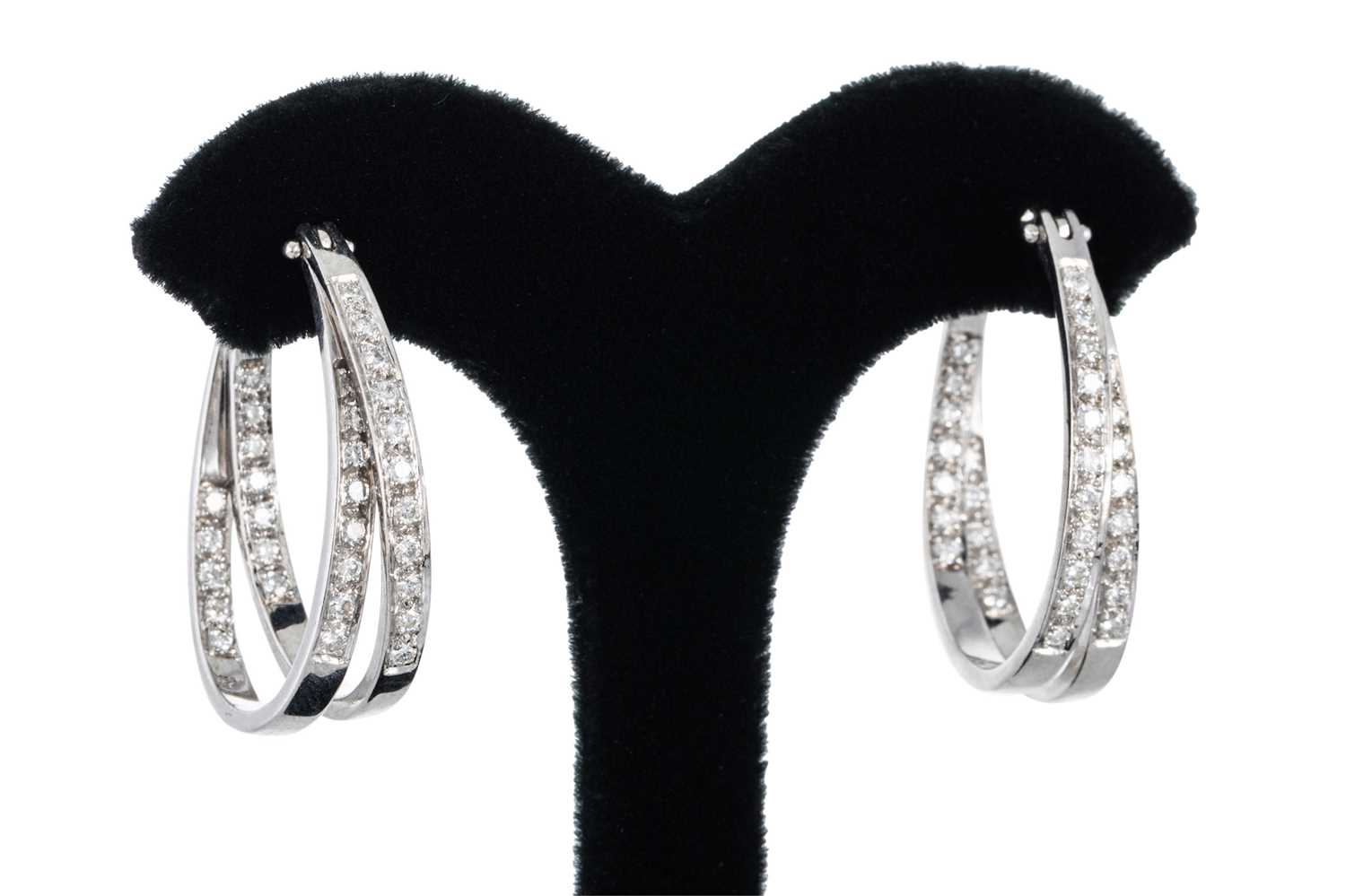Lot 61 - A PAIR OF DIAMOND SET HOOP EARRINGS, of cross...