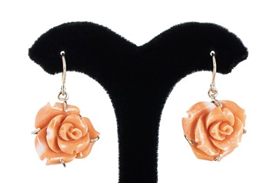 Lot 242 - A PAIR OF CORAL DROP EARRINGS, of carved...