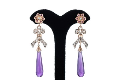 Lot 243 - A PAIR OF AMETHYST AND DIAMOND DROP EARRINGS,...