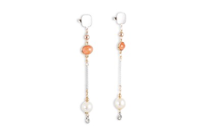 Lot 246 - A PAIR OF CORAL, DIAMOND AND PEARL DROP...