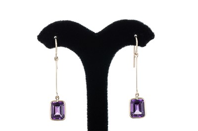 Lot 316 - A PAIR OF AMETHYST DROP EARRINGS, the bezel...