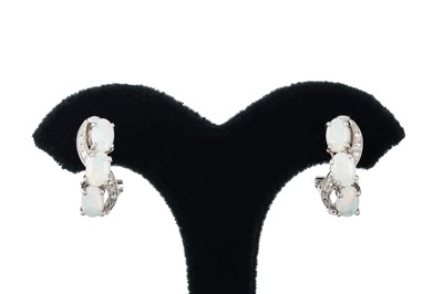 Lot 233 - A PAIR OF OPAL AND DIAMOND EARRINGS, mounted...