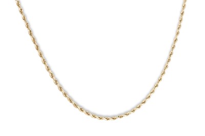 Lot 159 - A 14CT YELLOW GOLD ROPE LINK NECKCHAIN, 5 g.
