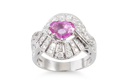 Lot 261 - A PINK SAPPHIRE AND SHAPED DIAMOND SET CLUSTER...
