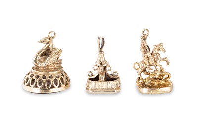 Lot 256 - TWO 20TH CENTURY 9CT GOLD CARNELIAN SET FOBS,...