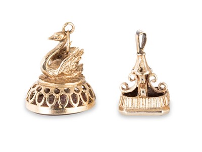 Lot 256 - TWO 20TH CENTURY 9CT GOLD CARNELIAN SET FOBS,...