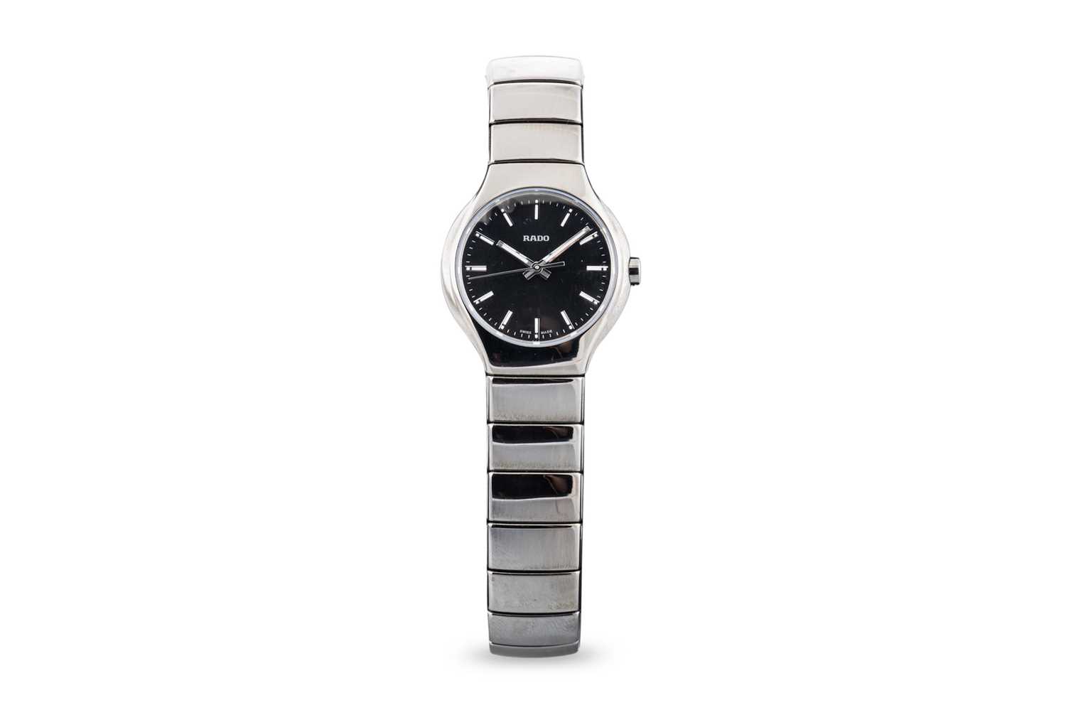 Lot 444 - A LADY'S RADO CERAMIC WRIST WATCH, black dial...