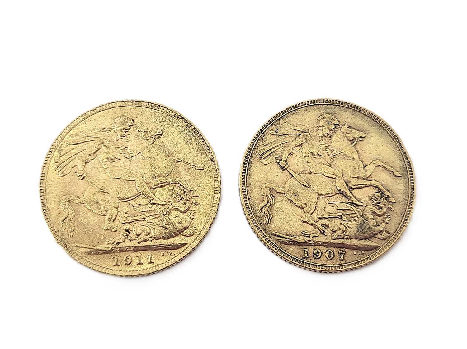 Lot 504 - TWO X 1911 & 1907 FULL ENGLISH GOLD SOVEREIGN...