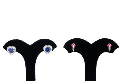Lot 300 - TWO PAIRS OF STONE SET EARRINGS, mounted in...