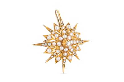Lot 181 - AN ANTIQUE SEED PEARL AND DIAMOND SET STARBUST...
