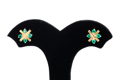 Lot 230 - A PAIR OF EMERALD CLUSTER EARRINGS, of...