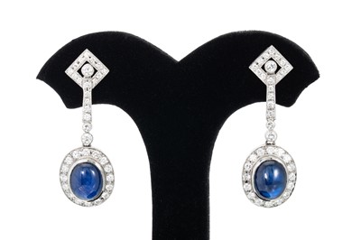 Lot 316 - A PAIR OF SAPPHIRE AND DIAMOND DROP CLUSTER...