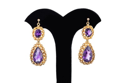 Lot 120 - A PAIR OF AMETHYST DROP EARRINGS, 9ct gold framed