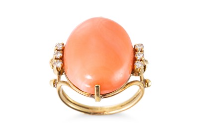 Lot 212 - A CORAL AND DIAMOND RING, the cabochon coral...