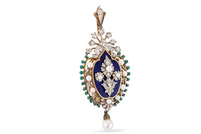 Lot 245 - AN ANTIQUE STYLE DIAMOND, ENAMEL & PEARL...