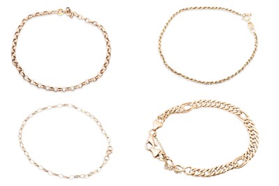 Lot 92 - FOUR 9CT YELLOW GOLD BRACELETS, various styles,...
