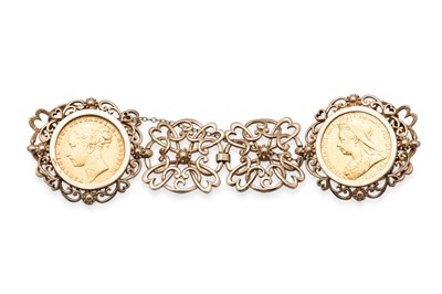 Lot 344 - A 9CT GOLD BRACELET, set with two 22ct gold...