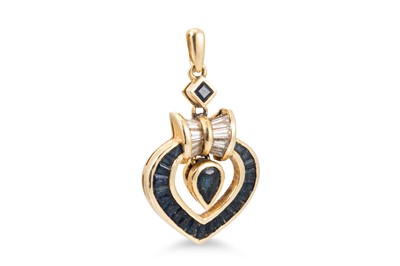 Lot 321 - A SAPPHIRE AND DIAMOND PENDANT, stylised heart...