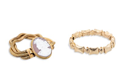 Lot 156 - TWO VICTORIAN GOLD PLATED BRACELETS, one cameo...