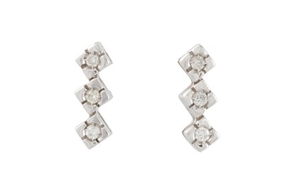 Lot 215 - A PAIR OF THREE STONE DIAMOND EARRINGS,...