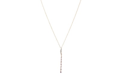 Lot 15 - A DIAMOND AND PINK GEMSTONE DROP PENDANT,...