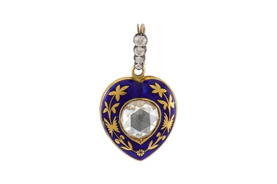Lot 198 - AN ANTIQUE DIAMOND AND ENAMEL HEART SHAPED...