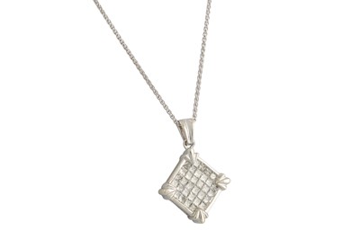 Lot 127 - A DIAMOND CLUSTER PENDANT, set with princess...