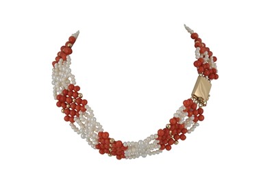 Lot 318 - A SEED PEARL AND CORAL CHOCKER, of woven form,...