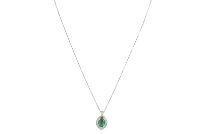 Lot 321 - A EMERALD AND DIAMOND CLUSTER PENDANT, the...