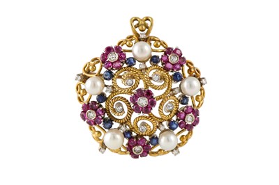 Lot 22 - A GEM SET AND CULTURED PEARL CIRCULAR BROOCH...