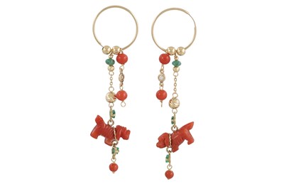 Lot 328 - A PAIR OF CORAL AND EMERALD DROP EARRINGS, the...