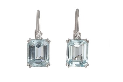 Lot 332 - A PAIR OF AQUA MARINE AND DIAMOND EARRINGS,...