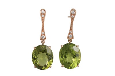 Lot 335 - A PAIR OF PERIDOT AND DIAMOND EARRINGS, each...