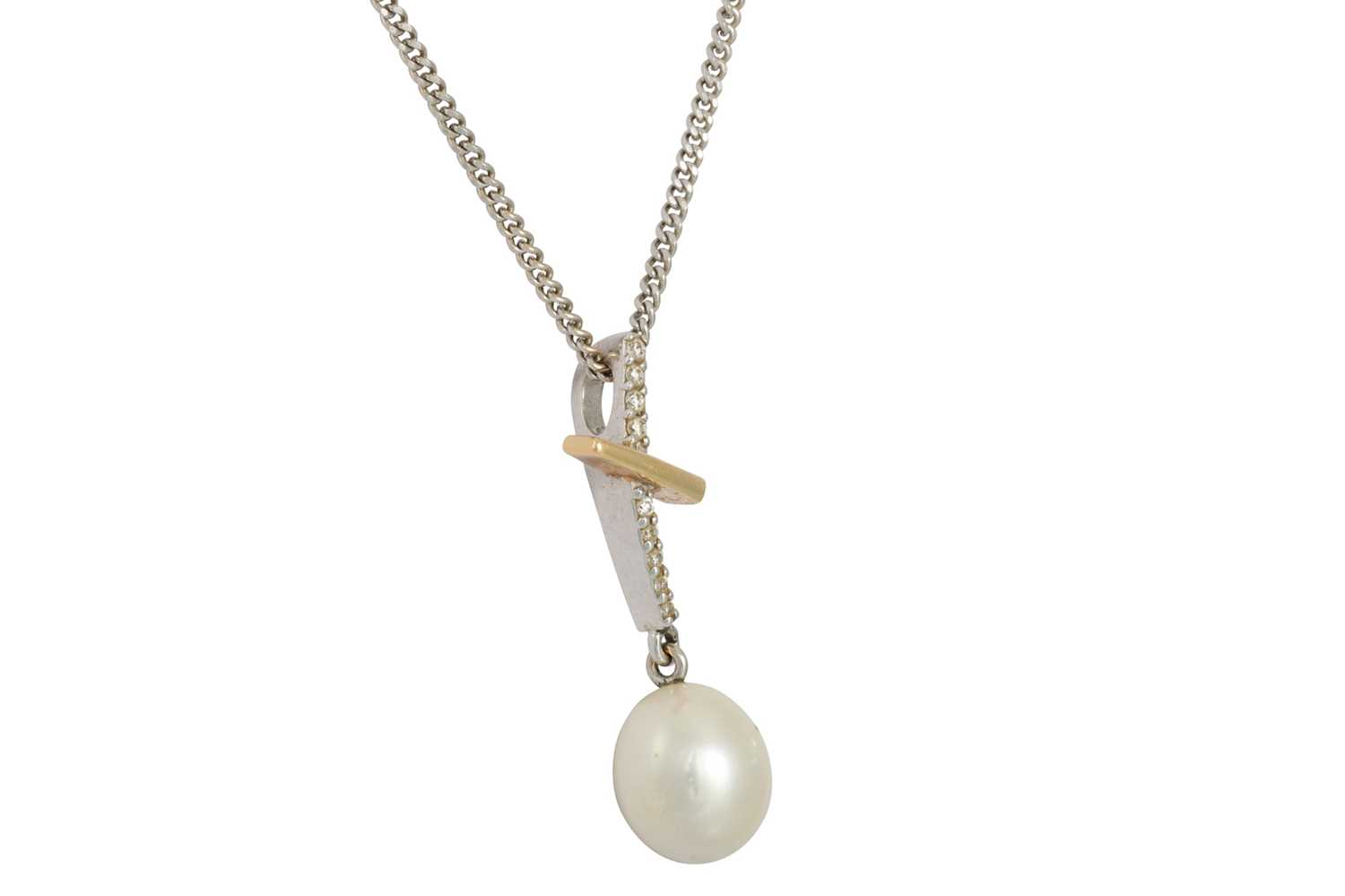 Lot 97 - A CULTURED PEARL AND DIAMOND DROP PENDANT, in...