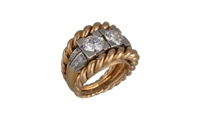 Lot 87 - A RETRO TWO STONE DIAMOND RING, the old cut...