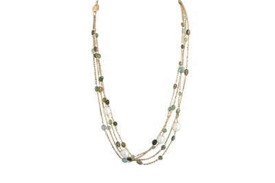 Lot 79 - A FOUR ROWED GREEN TOURMALINE AND PEARL...