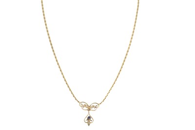 Lot 178 - A 9CT GOLD SAPPHIRE AND DIAMOND PENDANT, on a...