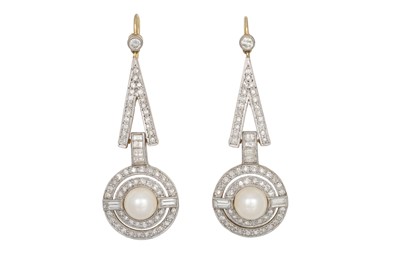 Lot 70 - A PAIR OF DIAMOND AND PEARL DROP EARRINGS, the...