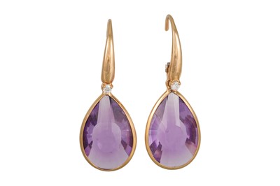 Lot 271 - A PAIR OF AMETHYST DROP EARRINGS, pear shaped,...