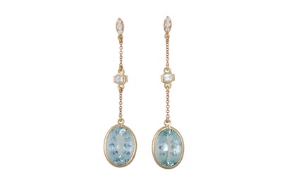 Lot 43 - A PAIR OF AQUAMARINE AND DIAMOND DROP EARRINGS,...