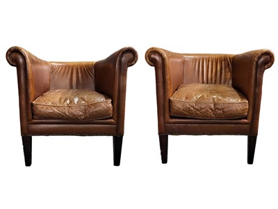Lot 221 - A PAIR OF BROWN LEATHER TUB BUCKET ARMCHAIRS,...