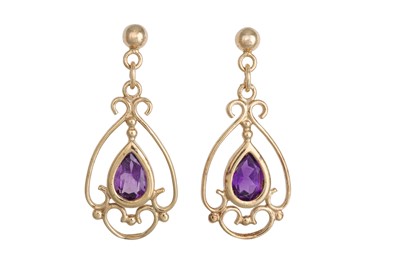 Lot 15 - A PAIR OF AMETHYST DROP EARRINGS, mounted in...