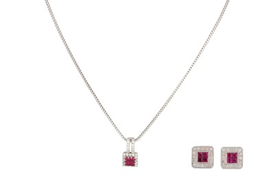 Lot 271 - A 9CT WHITE GOLD RUBY AND DIAMOND SUITE OF...
