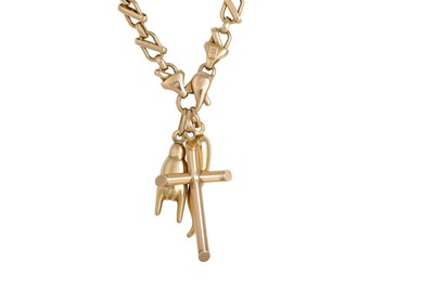 Lot 122 - A 9CT GOLD CHAIN, suspending three 9ct gold...