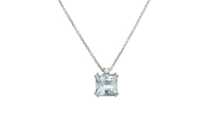 Lot 342 - AN AQUAMARINE AND DIAMOND PENDANT, the square...